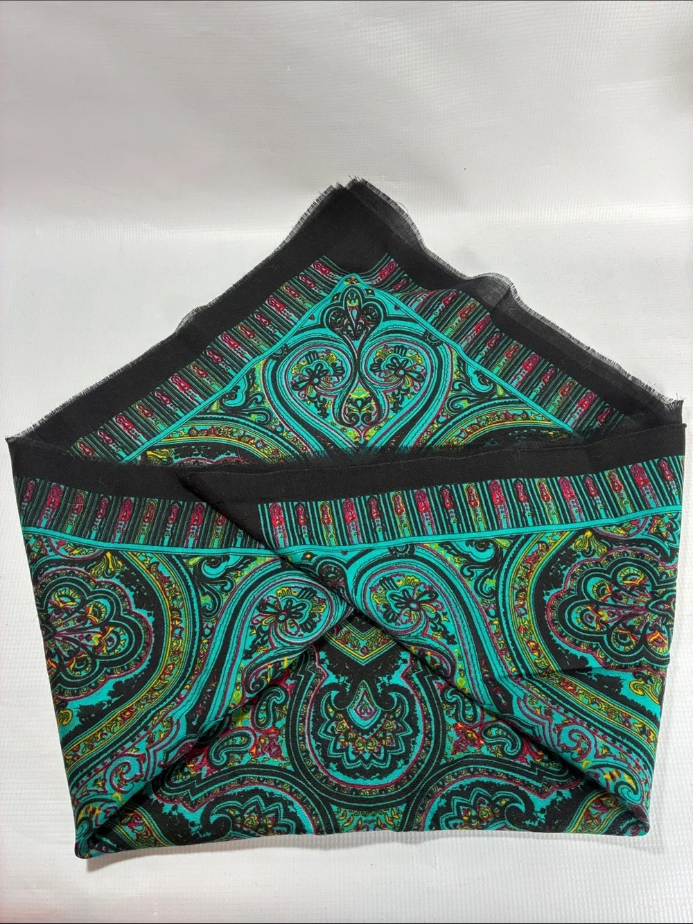 VTG Tie Rack Cinzia Fiori Teal Paisley Square Scarf Eyelash Fringe
